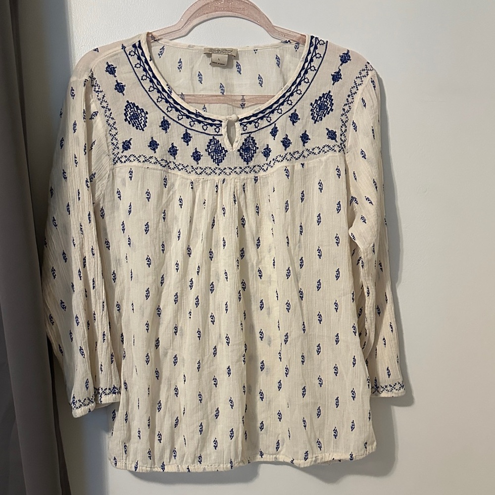 Lucky Brand Cream and Blue Embroidered Blouse